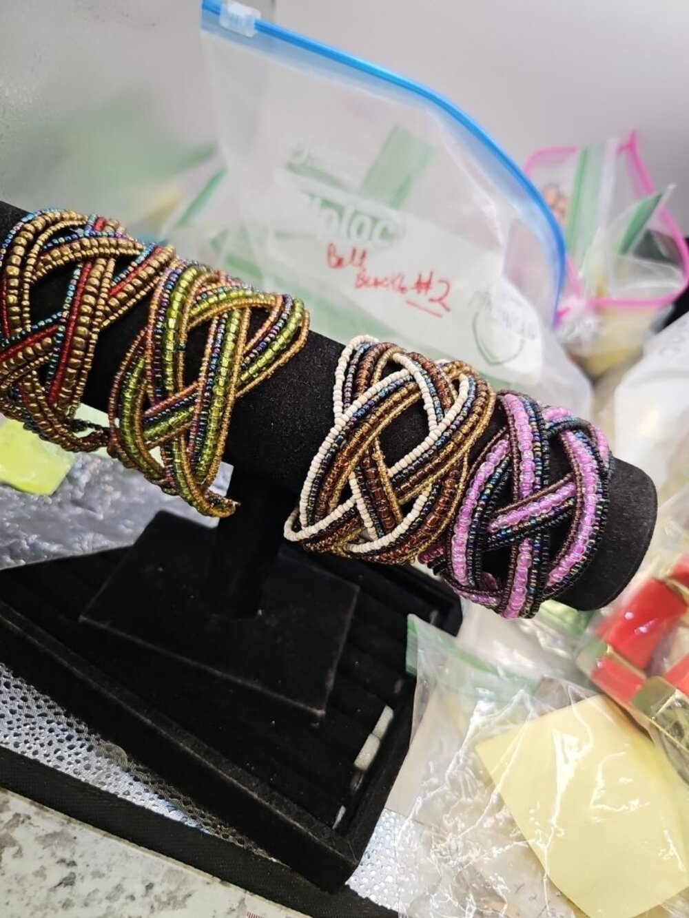 Boho Beaded Wrap Bracelets Braided Cuff Seed Beads Memory Wire Lot of 4